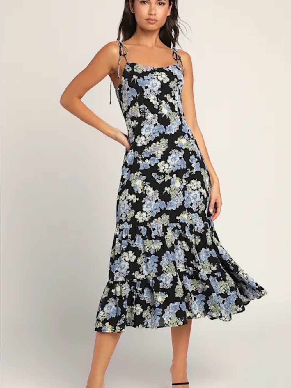 NWT Lulus Started With a Kiss Black Floral Print Tie-Strap Tiered Dress